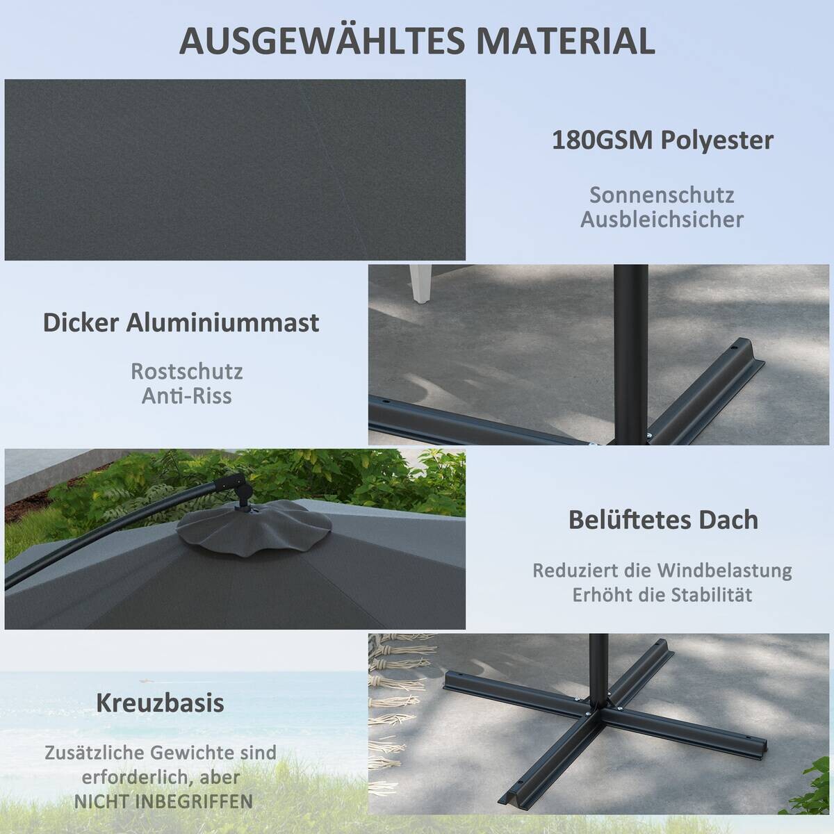 Outsunny Ampelschirm grau Metall B/H/L: ca. 293x260x293 cm