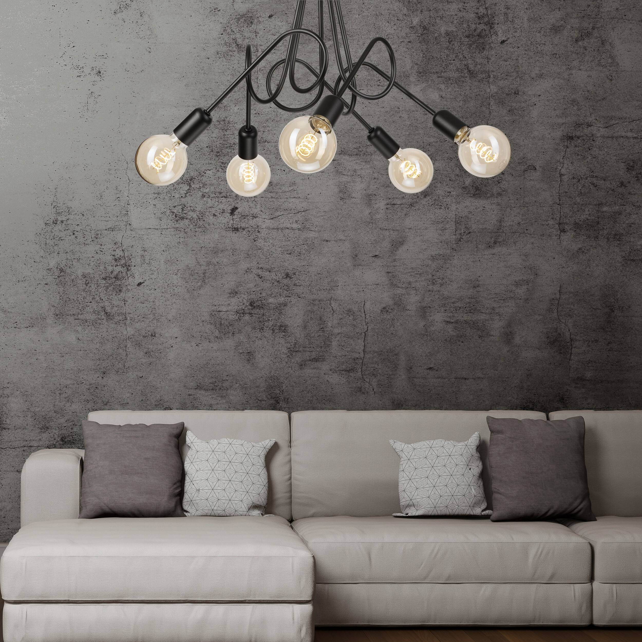 Lamkur Kronleuchter schwarz Stahl B/H/L: ca. 39x54x54 cm E27 5 Brennstellen