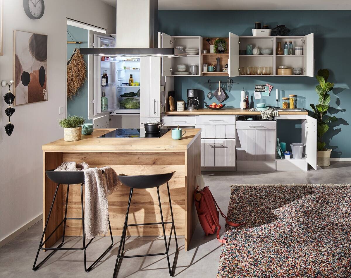 Respekta Inselküche Anton weiß Lärche Nachbildung B/H/T: ca. 310x211x60 cm