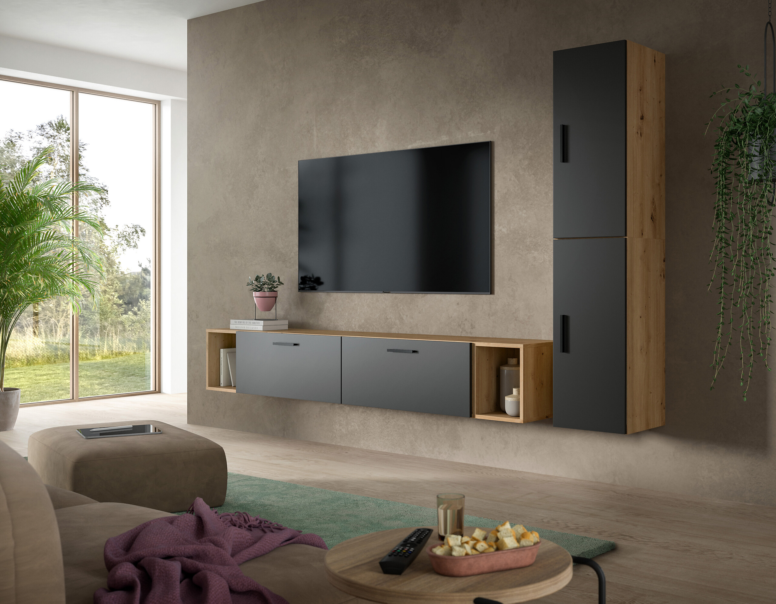 Wohnwand-Set TheOne Eiche Artisan Nachbildung anthrazit B/H/T: ca. 75x32x34 cm