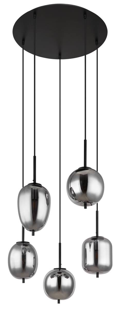 GLOBO Pendelleuchte Blacky 15345-5 schwarz natur Rauch Metall Aluminium Glas H/D: ca. 150x57,5 cm E14 5 Brennstellen