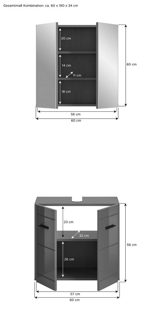 Badezimmer-Set SOFT grau grau Hochglanz B/H/T: ca. 60x190x34 cm