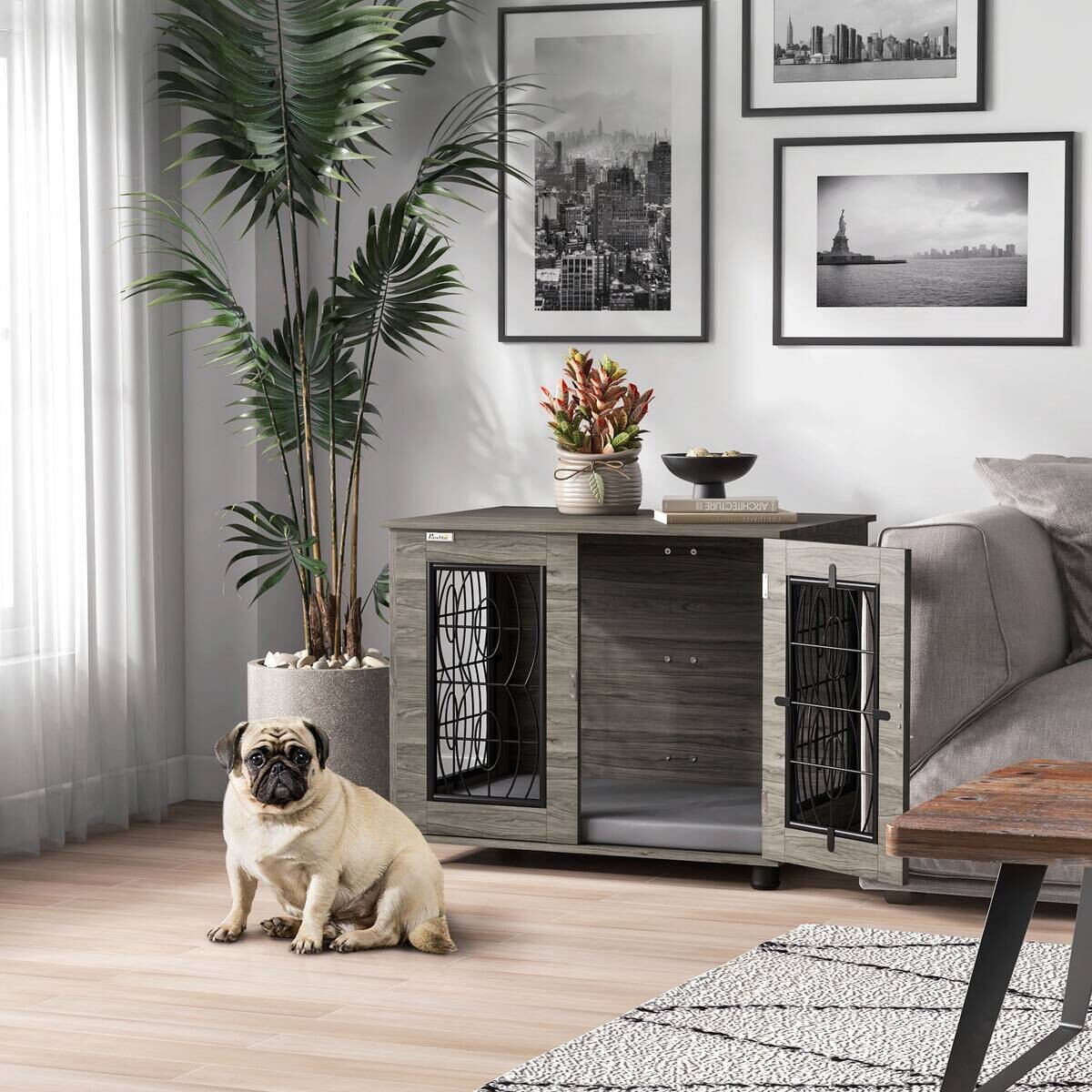 PawHut Hundekäfig grau Spanplatte B/H/L: ca. 56x63x80 cm