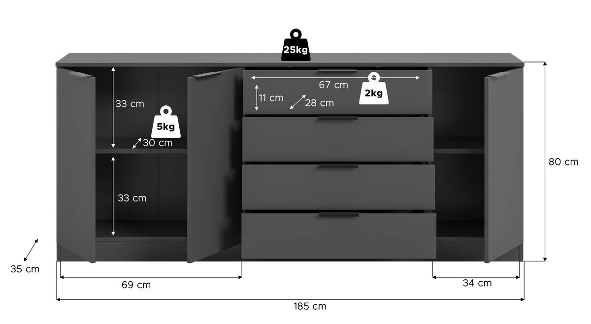 Kommode KOPENHAGEN anthrazit B/H/T: ca. 185x79x35 cm