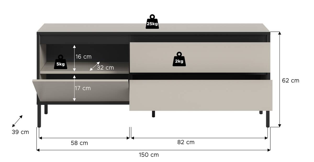 Lowboard Tron Kaschmirgrau Nachbildung schwarz B/H/T: ca. 150x62x38 cm