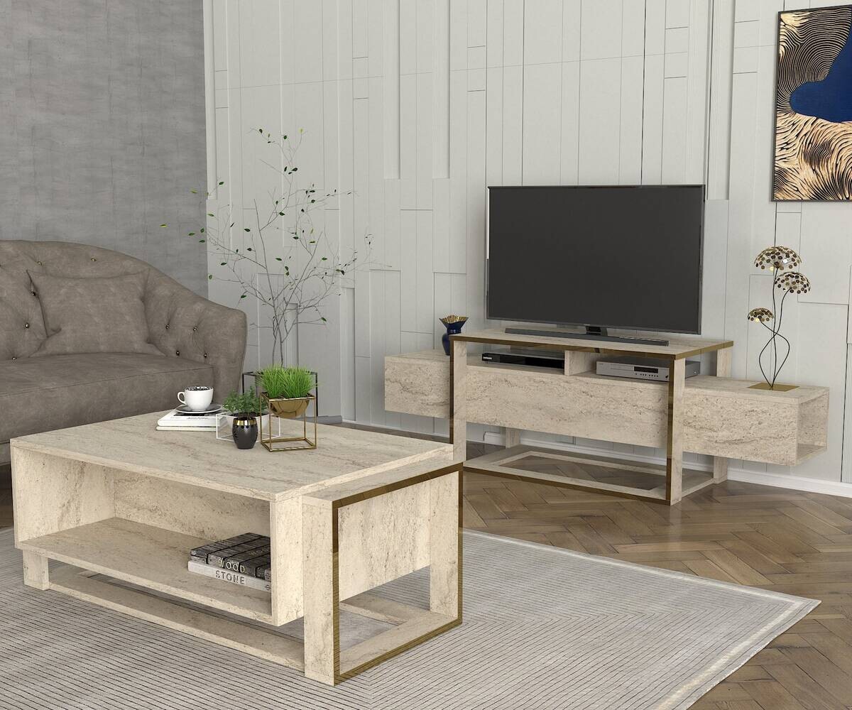 TV-Lowboard Bianco beige granit Optik B/H/T: ca. 160x49,8x46,1 cm