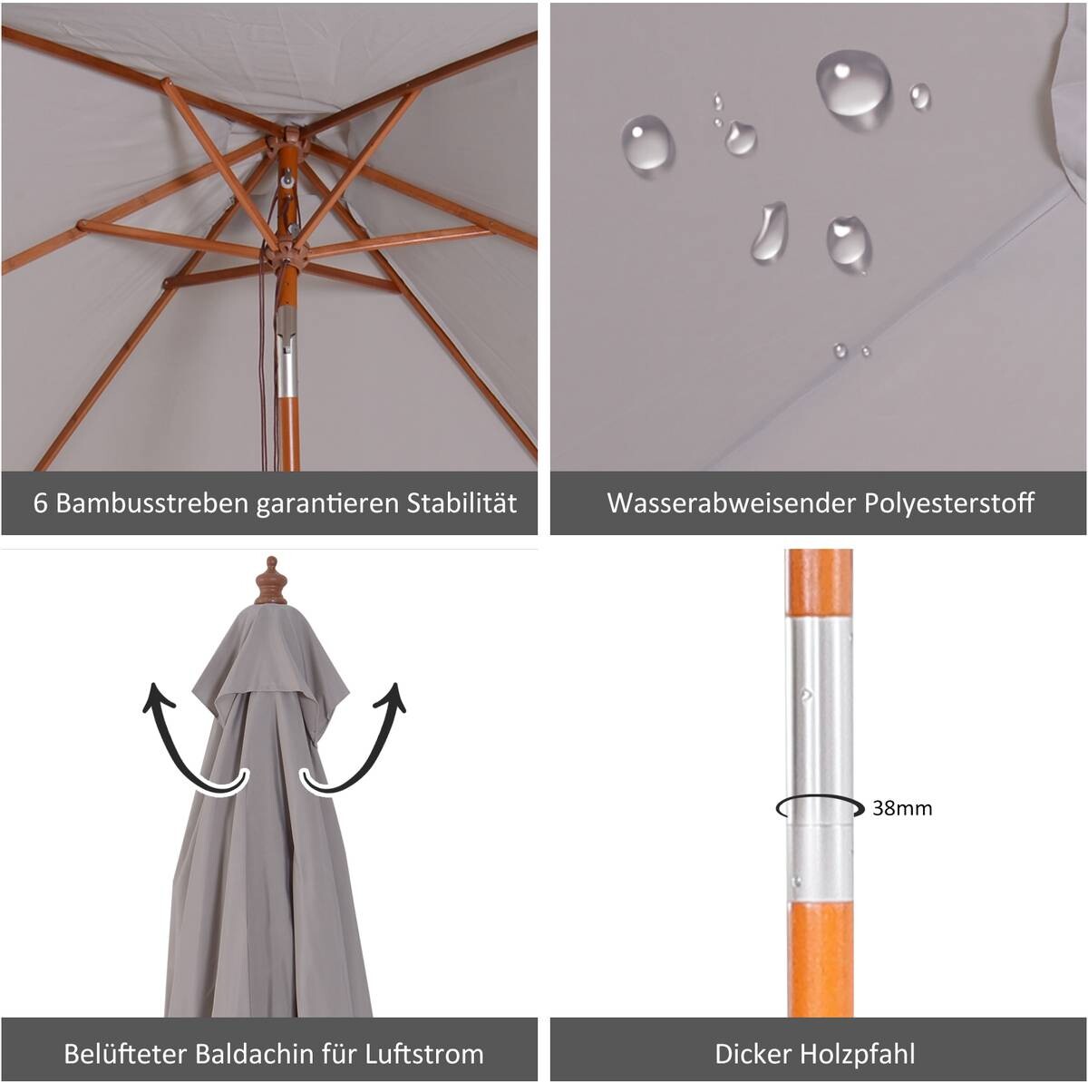 Outsunny Sonnenschirm grau Holz B/H/L: ca. 150x230x200 cm