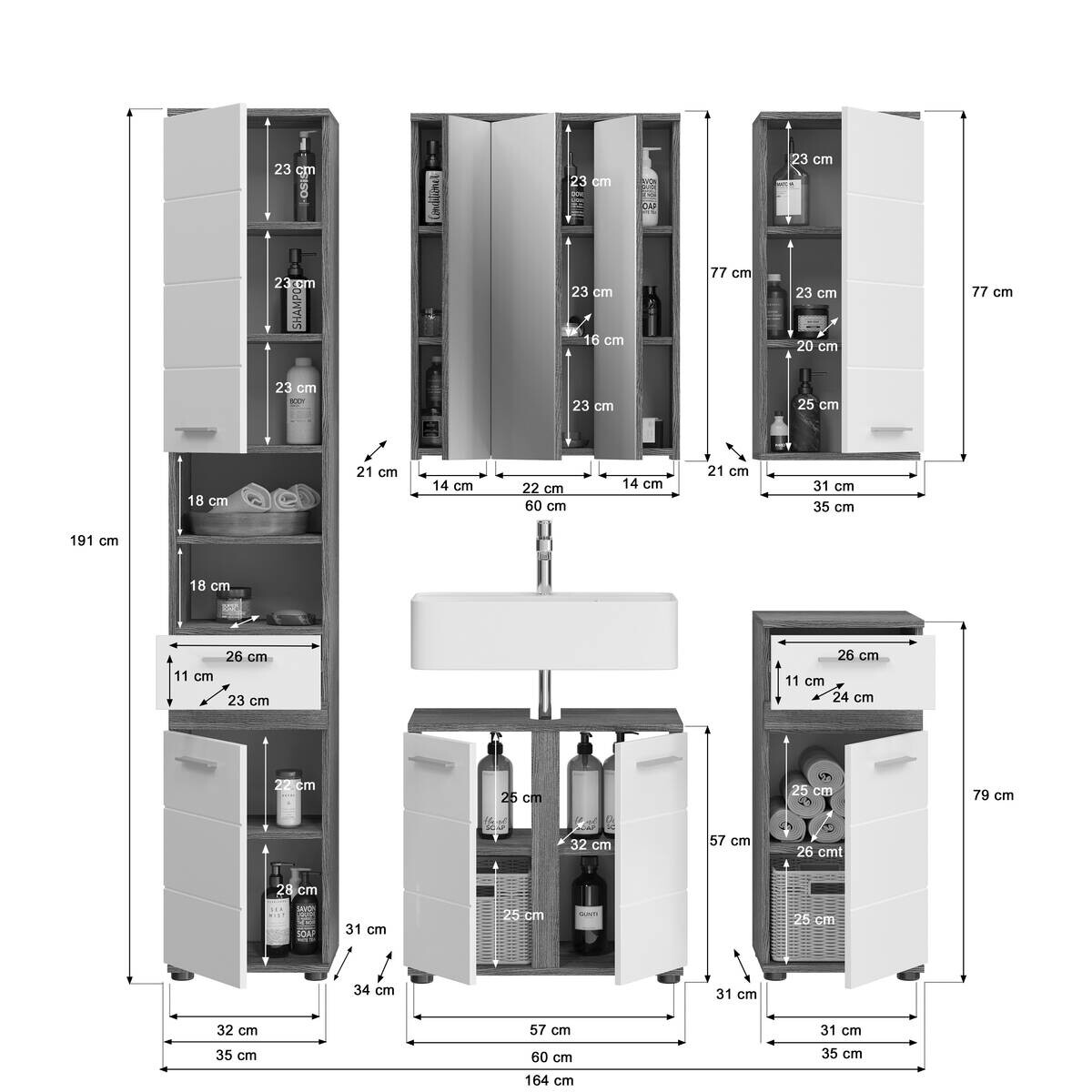 Badezimmer-Set BLAKE Rauchsilber Nachbildung weiß Hochglanz B/H/T: ca. 164x191x34 cm