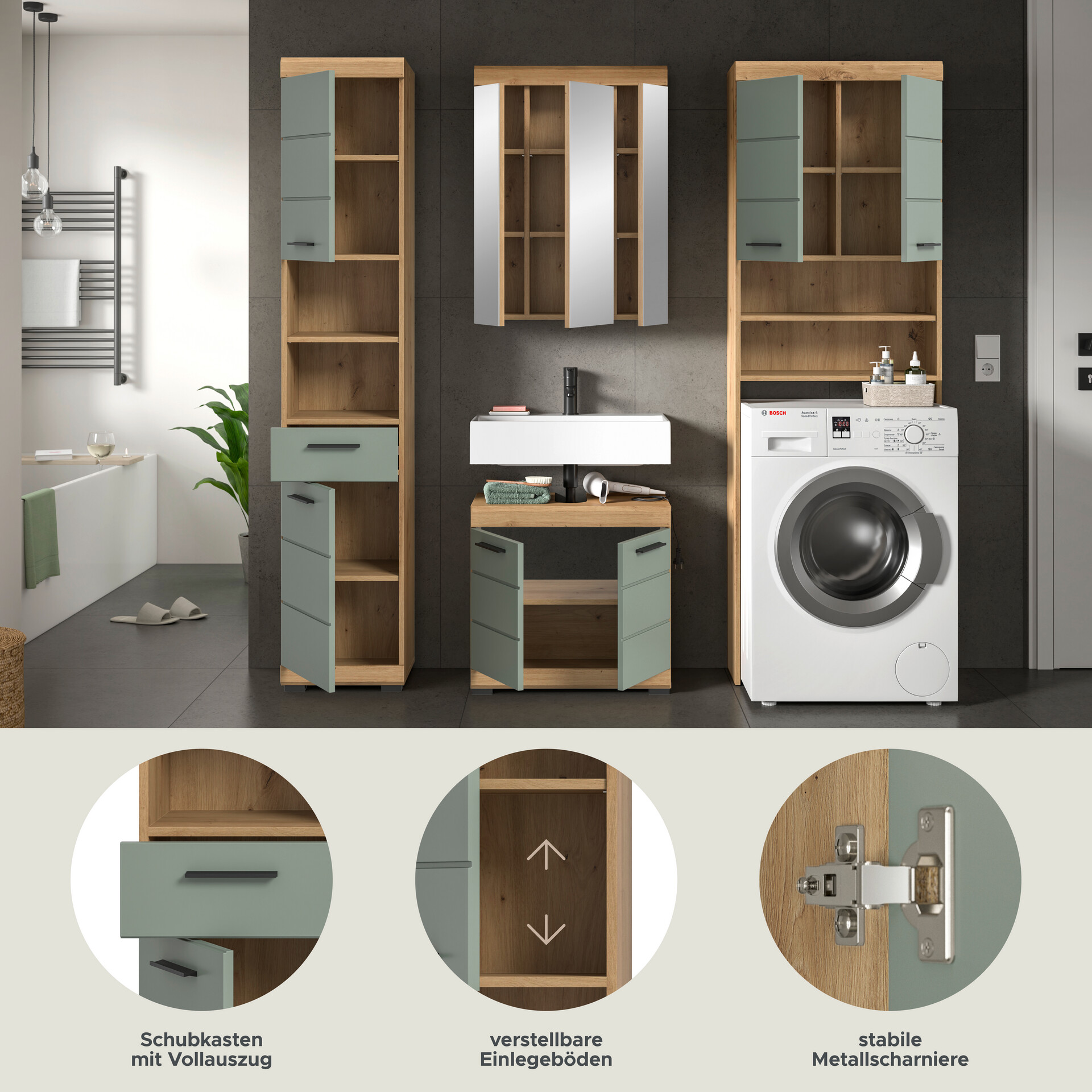 Badezimmer-Set Scout Eiche Artisan Nachbildung salbei Nachbildung B/H/T: ca. 190x191x34 cm