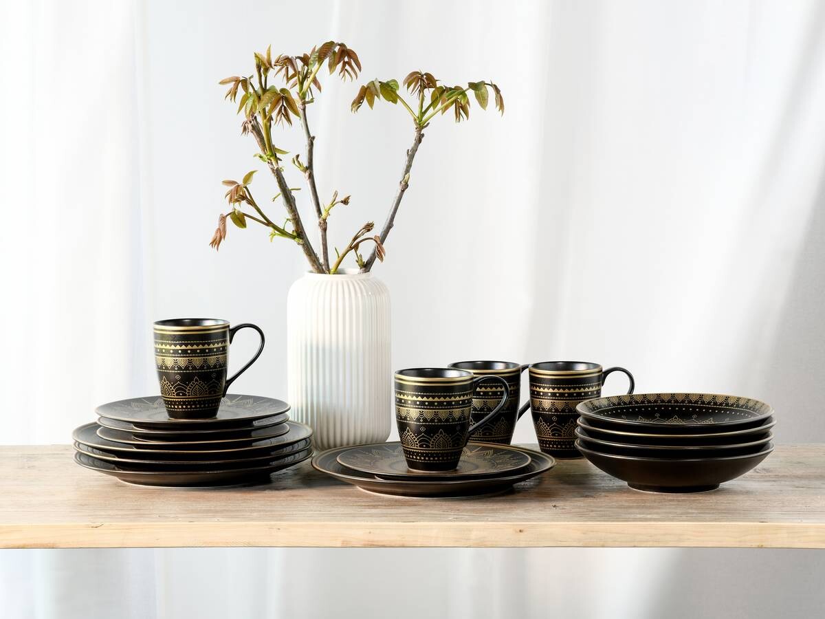CreaTable Kombiservice MANDALA GOLD schwarz Steinzeug 16 tlg.