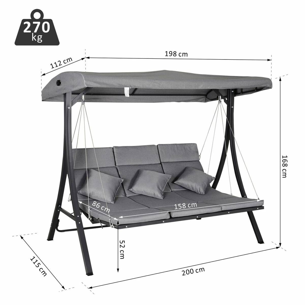 Outsunny Hollywoodschaukel grau Metall B/H/T: ca. 200x168x115 cm