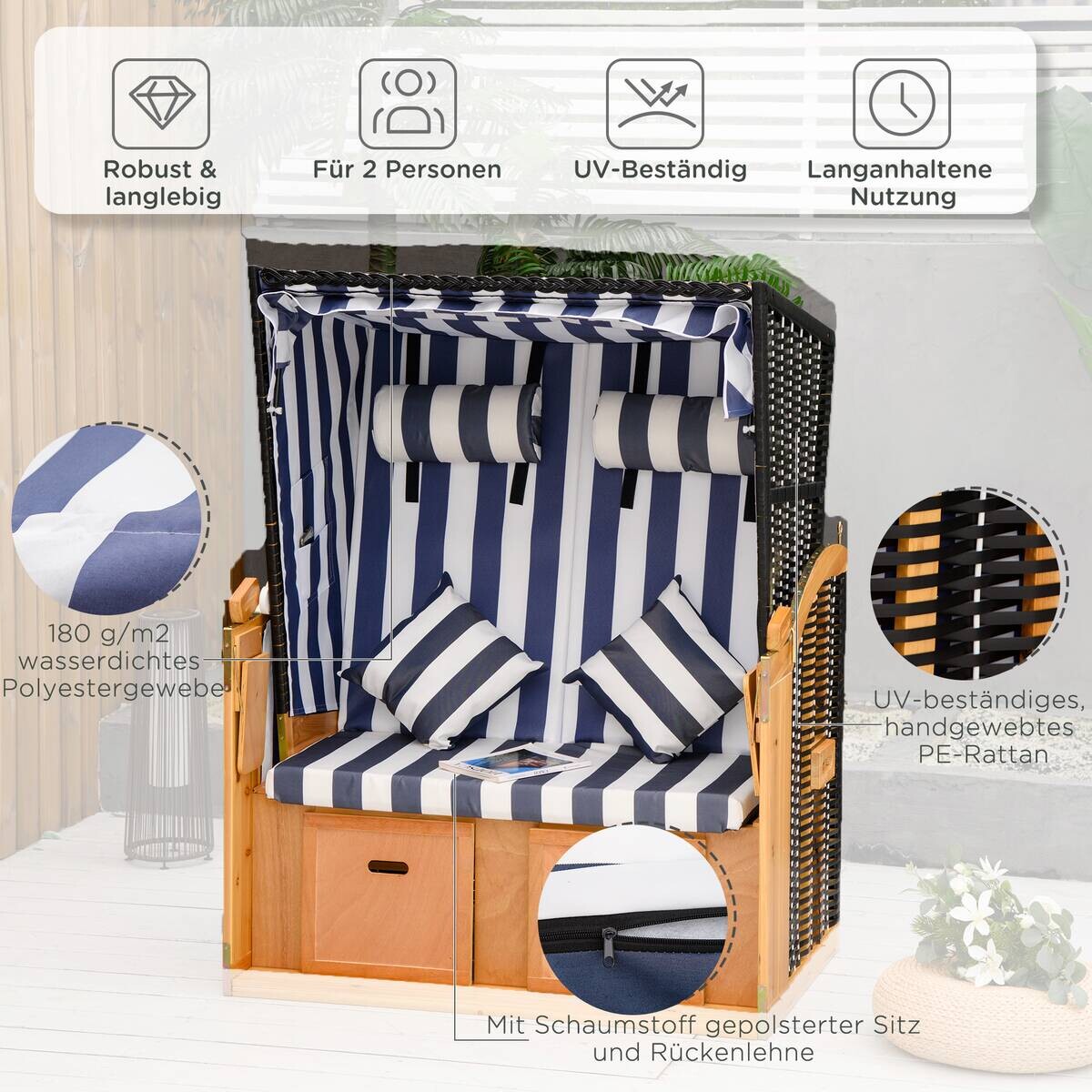 Outsunny Strandkorb blau Holz B/H/L: ca. 79x118x160 cm