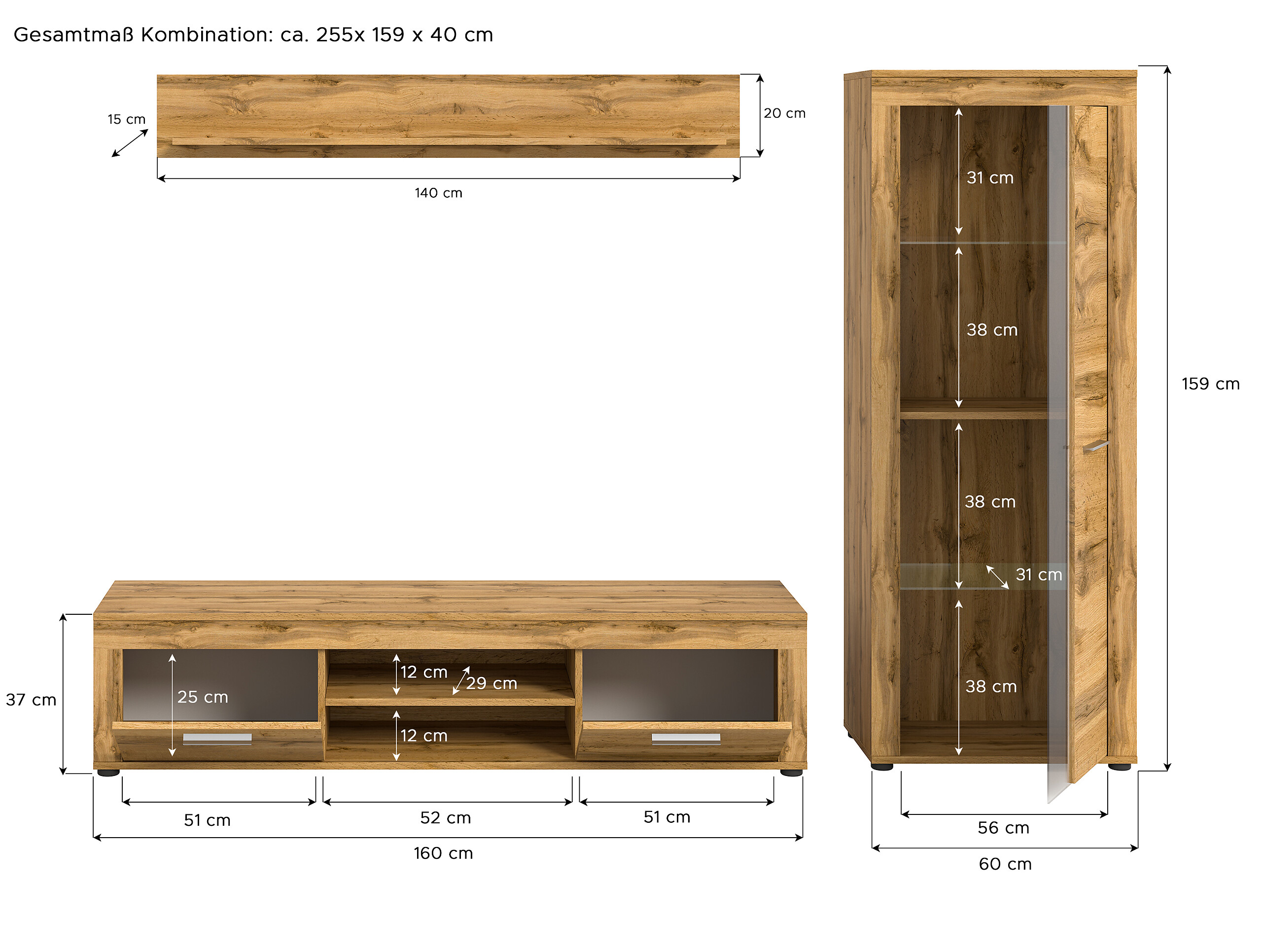 Wohnwand Jam Eiche Wotan Nachbildung B/H/T: ca. 235x159x35 cm
