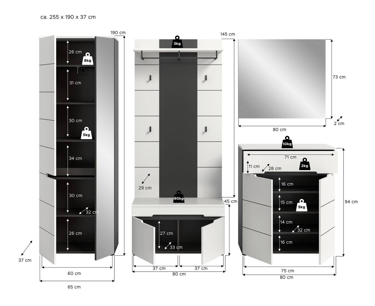 Garderobe Canu basaltgrau Nachbildung weiß B/H/T: ca. 255x190x37 cm