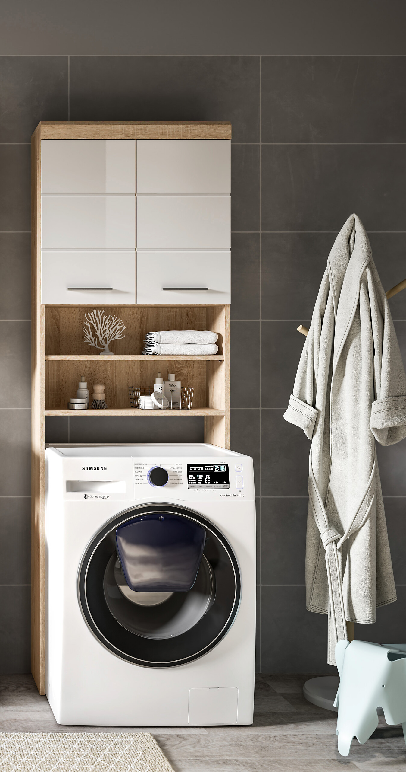 Waschmaschinenumbauschrank Lambada Eiche Sonoma Nachbildung weiß Hochglanz B/H/T: ca. 63x191x24 cm