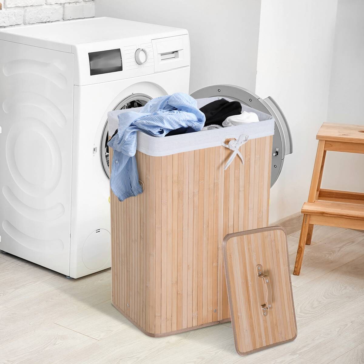 HOMCOM Wäschekorb mit 2 Tragegriffen natur Bambus Stoff Kunststoff B/H/L: ca. 30x60x40 cm