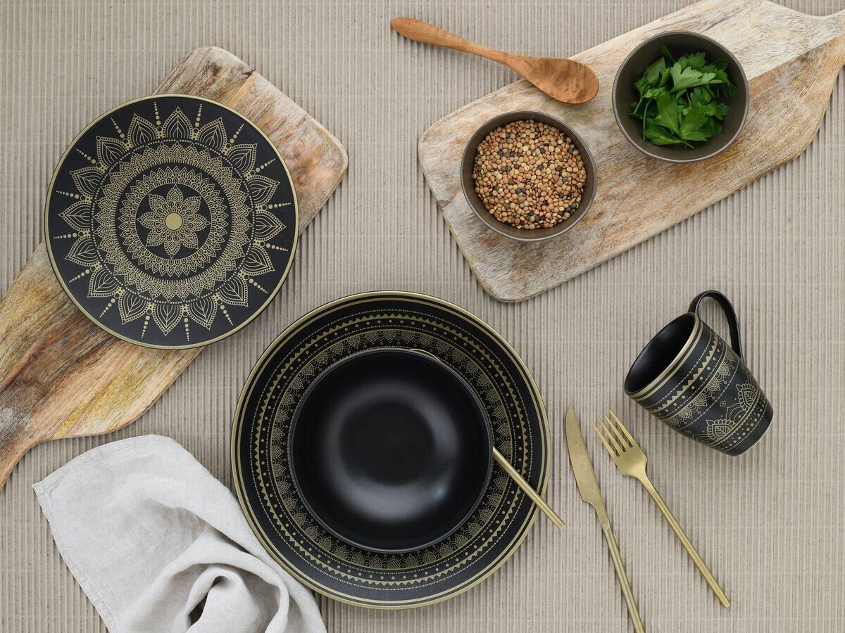 CreaTable Kombiservice MANDALA GOLD schwarz Steinzeug 16 tlg.