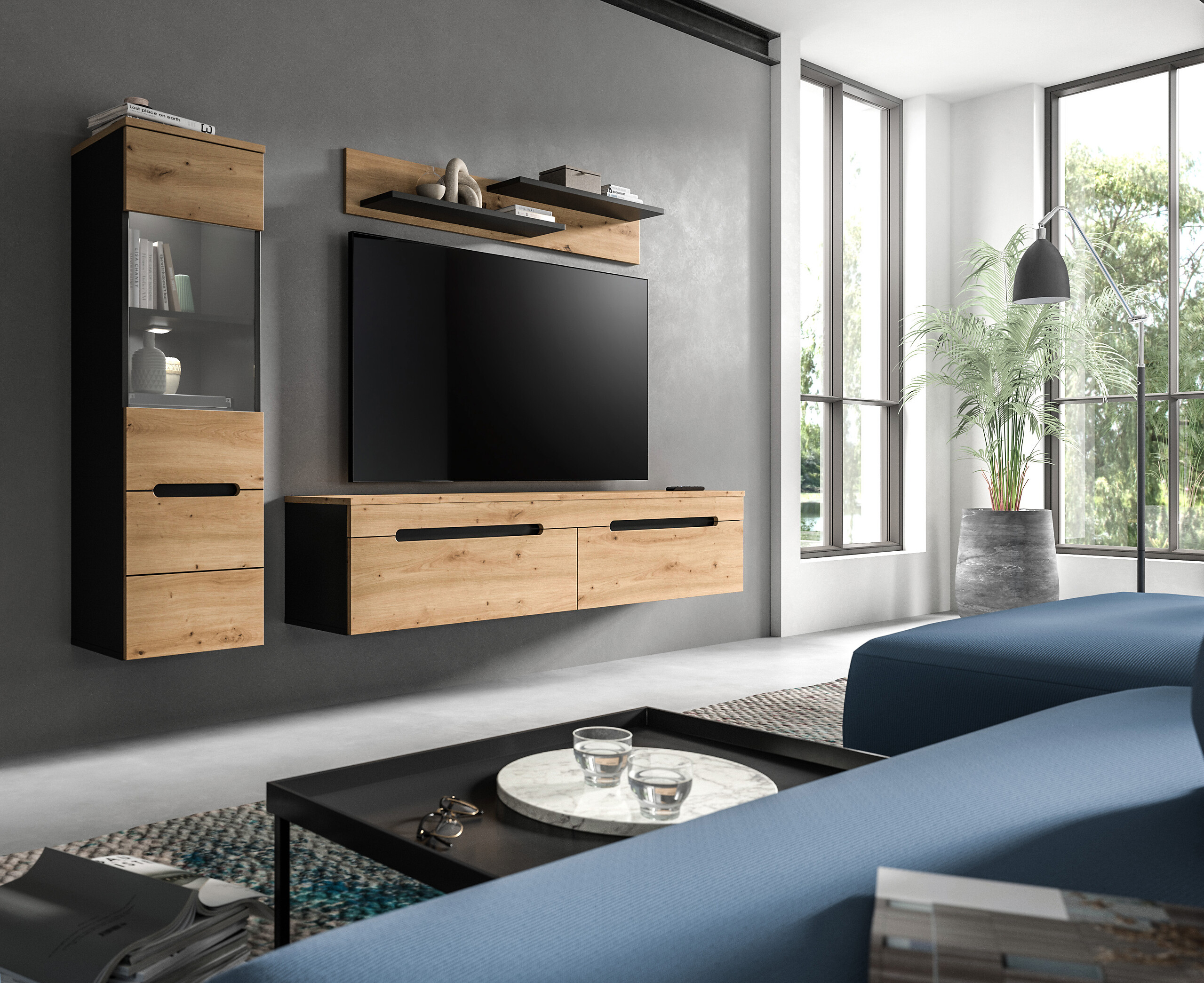 Wohnwand Canu basaltgrau Nachbildung Artisan Oak Nachbildung B/H/T: ca. 221x141x33 cm