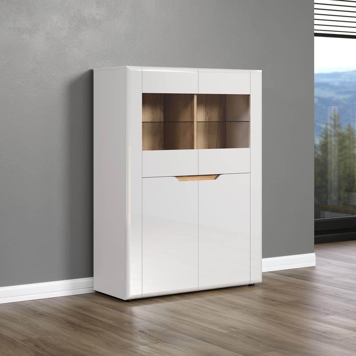 Highboard Marlon Eiche Evoke Coast Nachbildung weiß Hochglanz B/H/T: ca. 96x132x39 cm