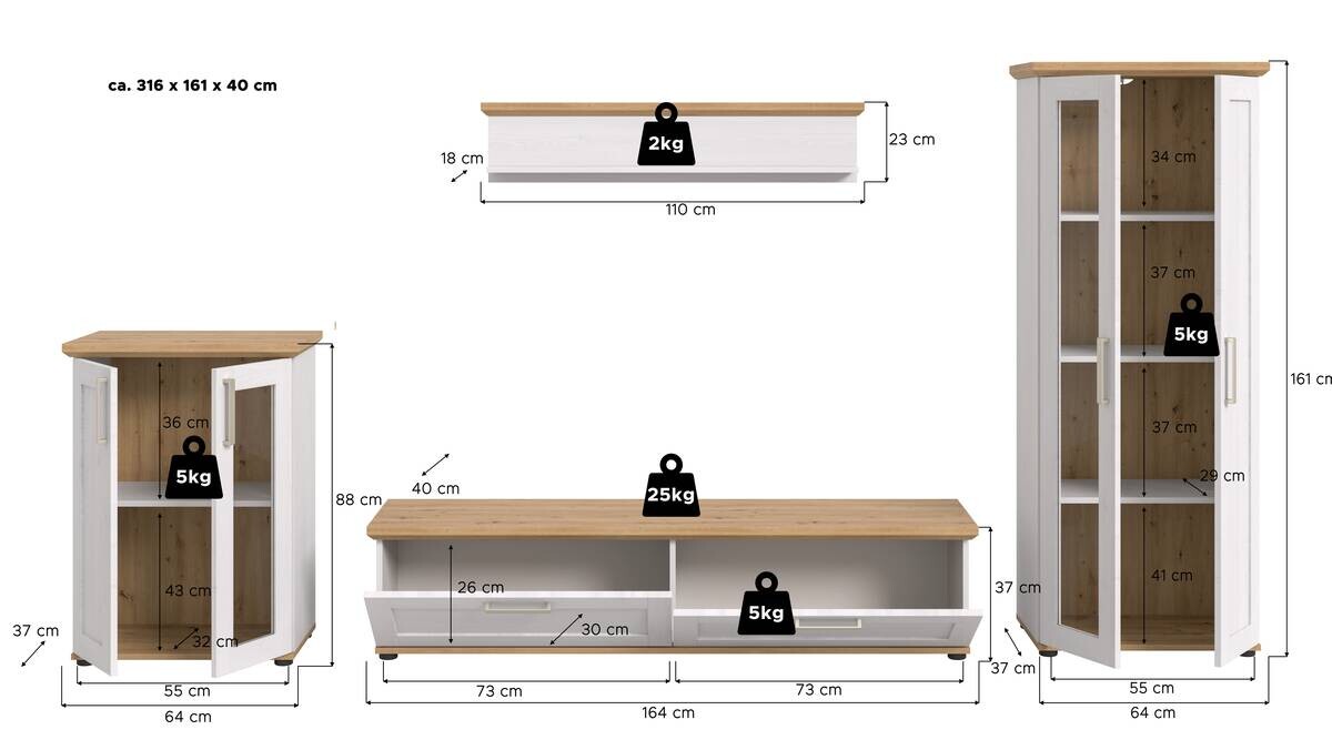 Wohnwand VERONA Lärche Nachbildung Eiche Nachbildung B/H/T: ca. 316x161x40 cm