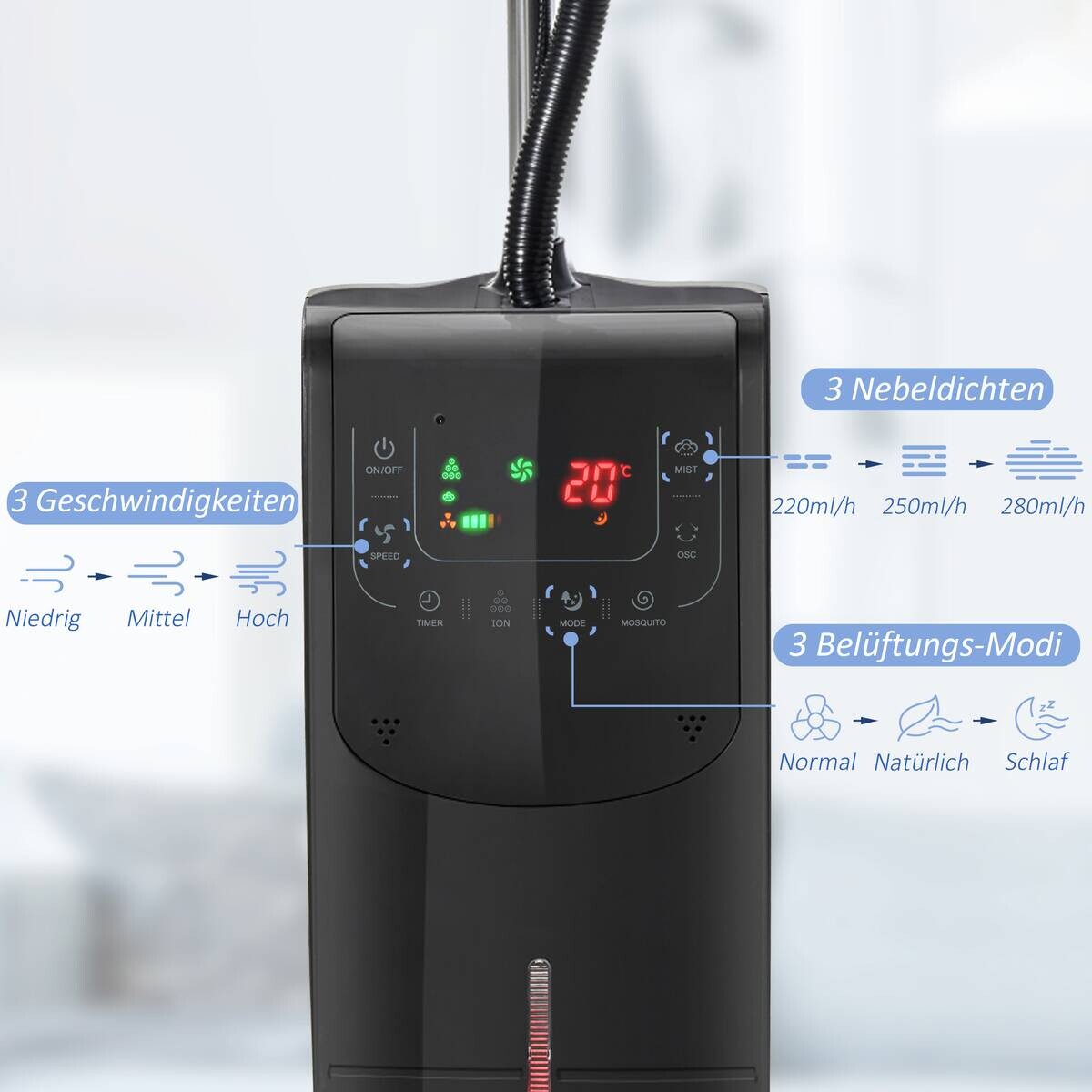 HOMCOM Ventilator schwarz Polypropylen Edelstahl Kunststoff B/H/L: ca. 44,5x44,5x135 cm