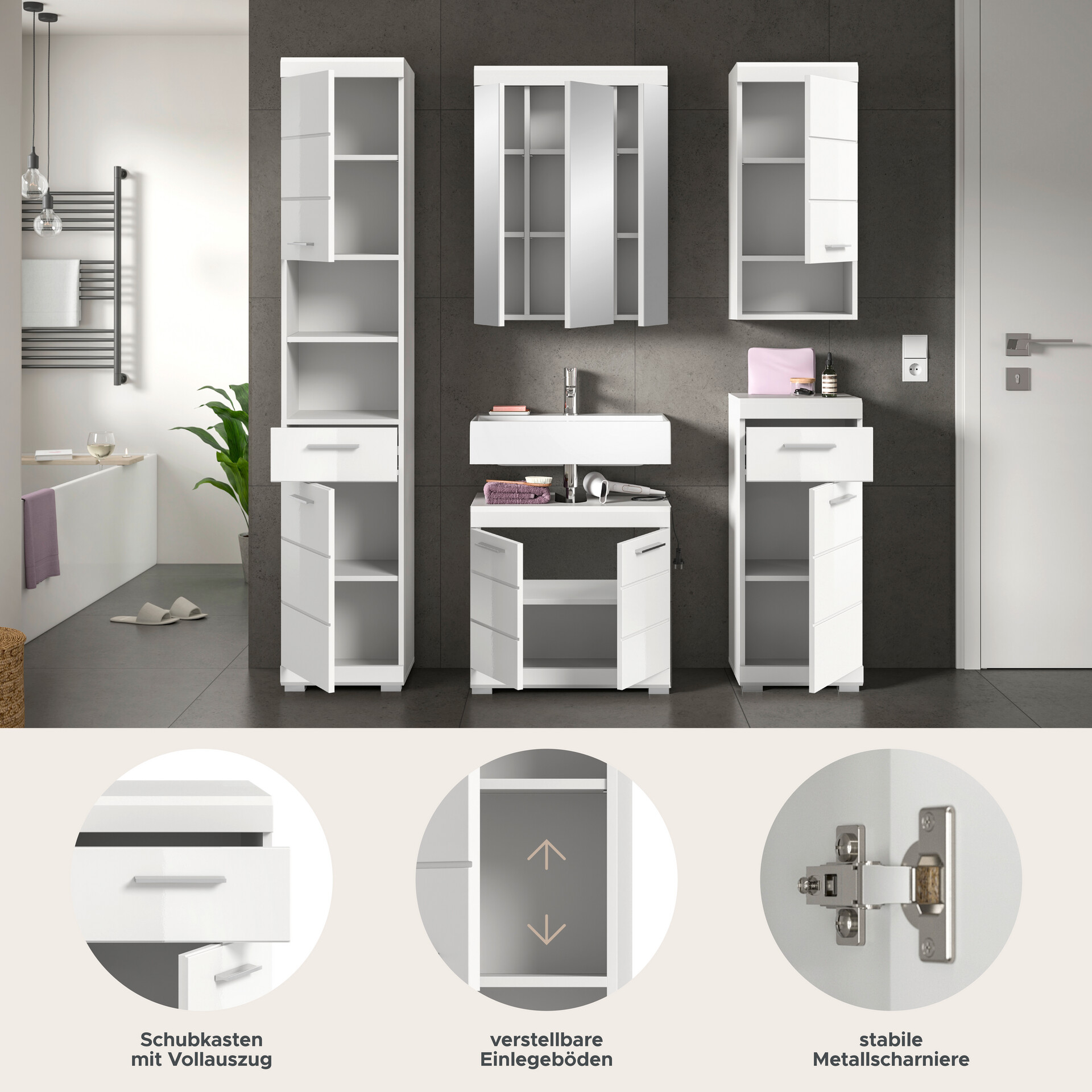 Badezimmer-Set Scout weiß weiß Hochglanz B/H/T: ca. 164x191x34 cm