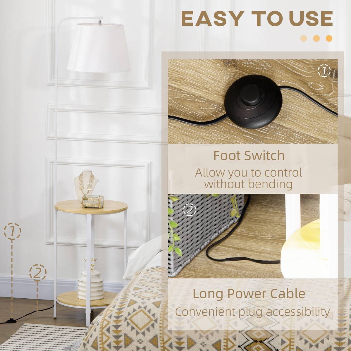 HOMCOM Stehleuchte cremeweiß Stahl Polyester Bambus B/H/T: ca. 39,5x162x43 cm