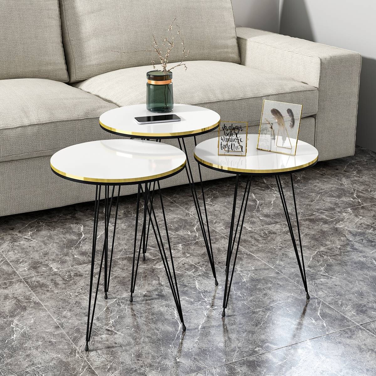 Beistelltisch 3er-Set. 21216283 weiß schwarz Metall B/H/T: ca. 38x53,5x38 cm