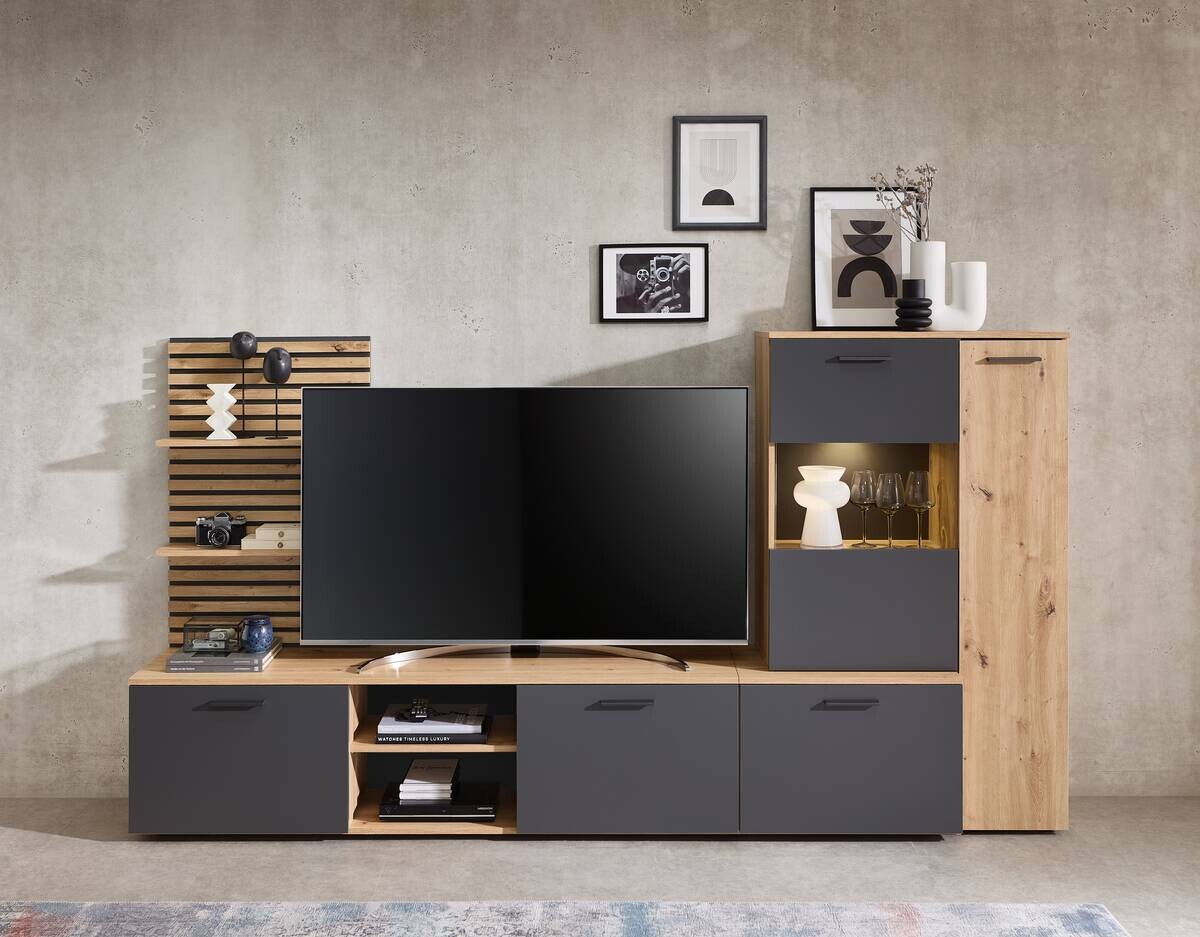 Wohnwand Heathrow Eiche Artisan Nachbildung anthrazit B/H/T: ca. 250x135x38 cm