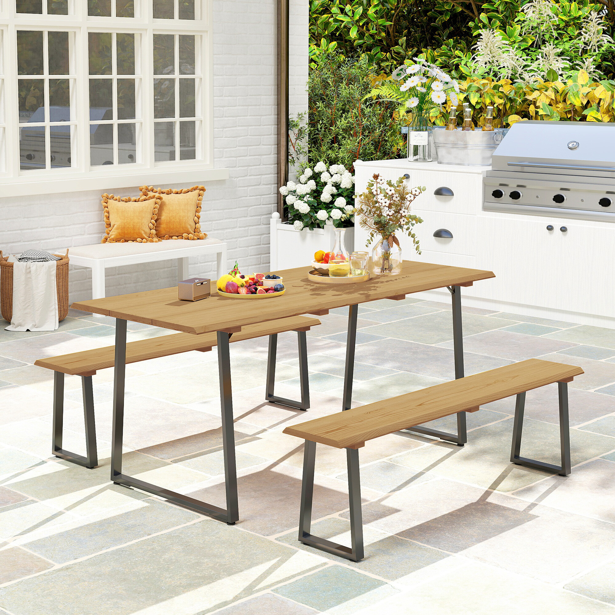 Outsunny Sitzgruppe Holzoptik Holz B/H/L: ca. 76x77x178 cm