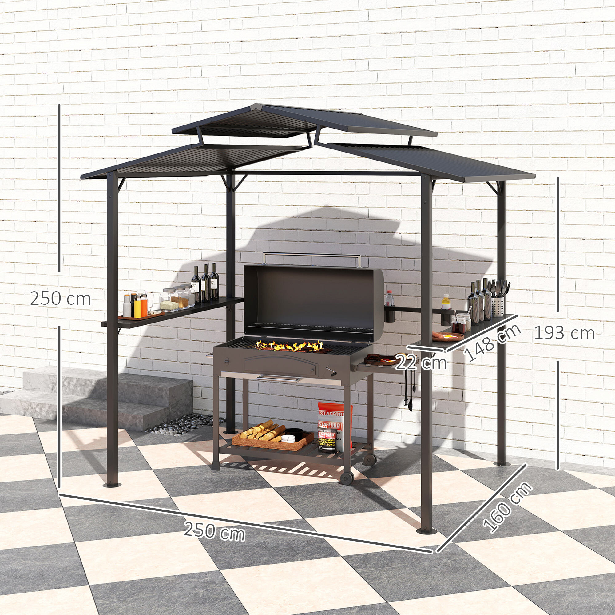 Outsunny Grillpavillon schwarz Metall B/H/L: ca. 160x250x250 cm