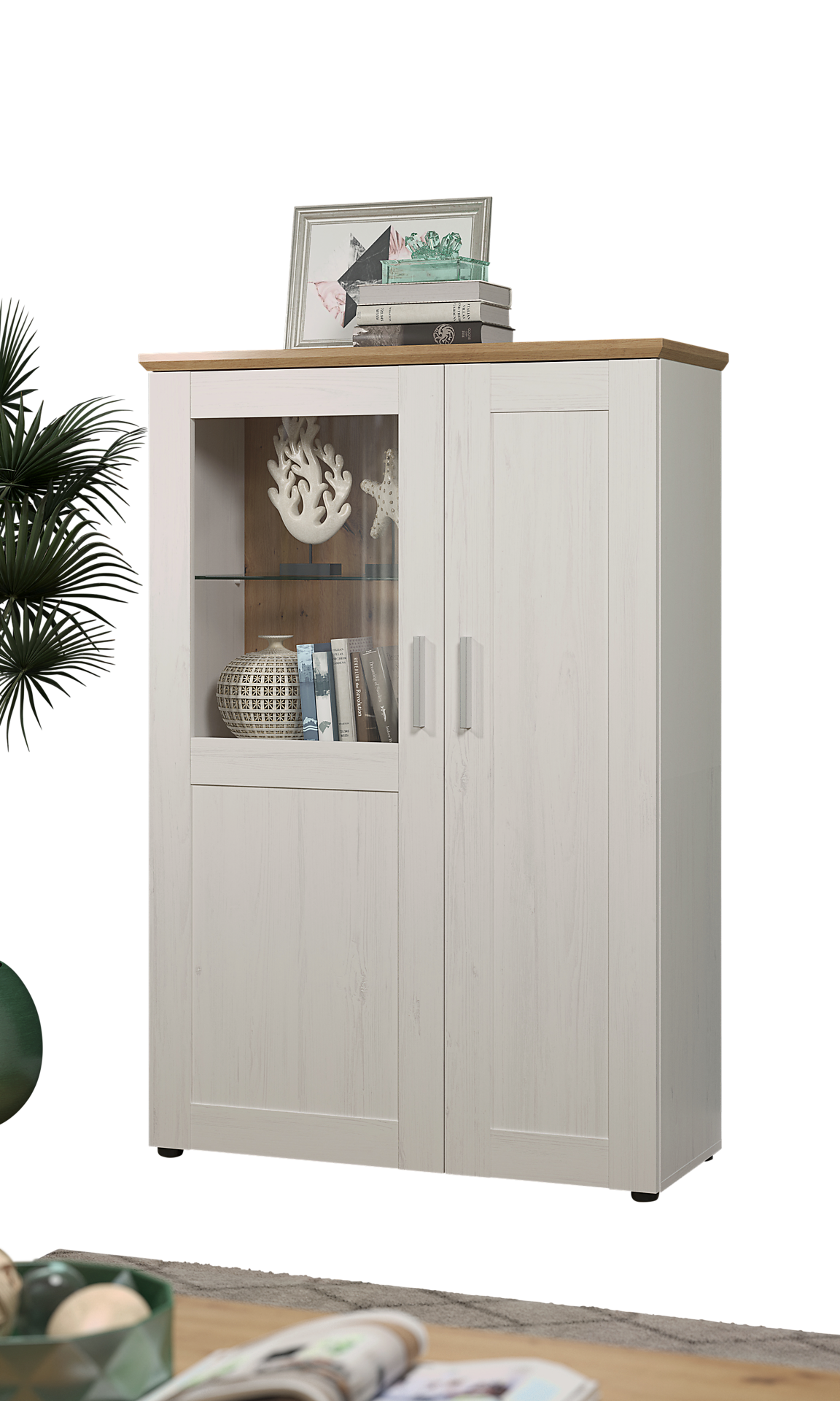 Standvitrine Shade weiß Pinie Nachbildung Eiche Artisan Nachbildung B/H/T: ca. 95x140x38 cm