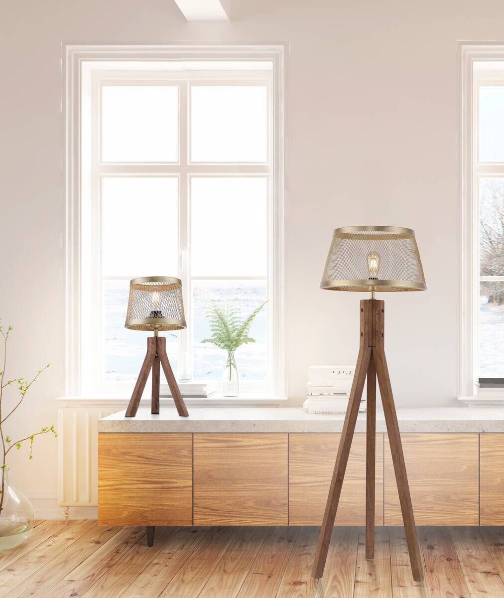 Tischleuchte Frederik messing Holz B/H/L: ca. 22x44x22 cm E27 1 Brennstellen