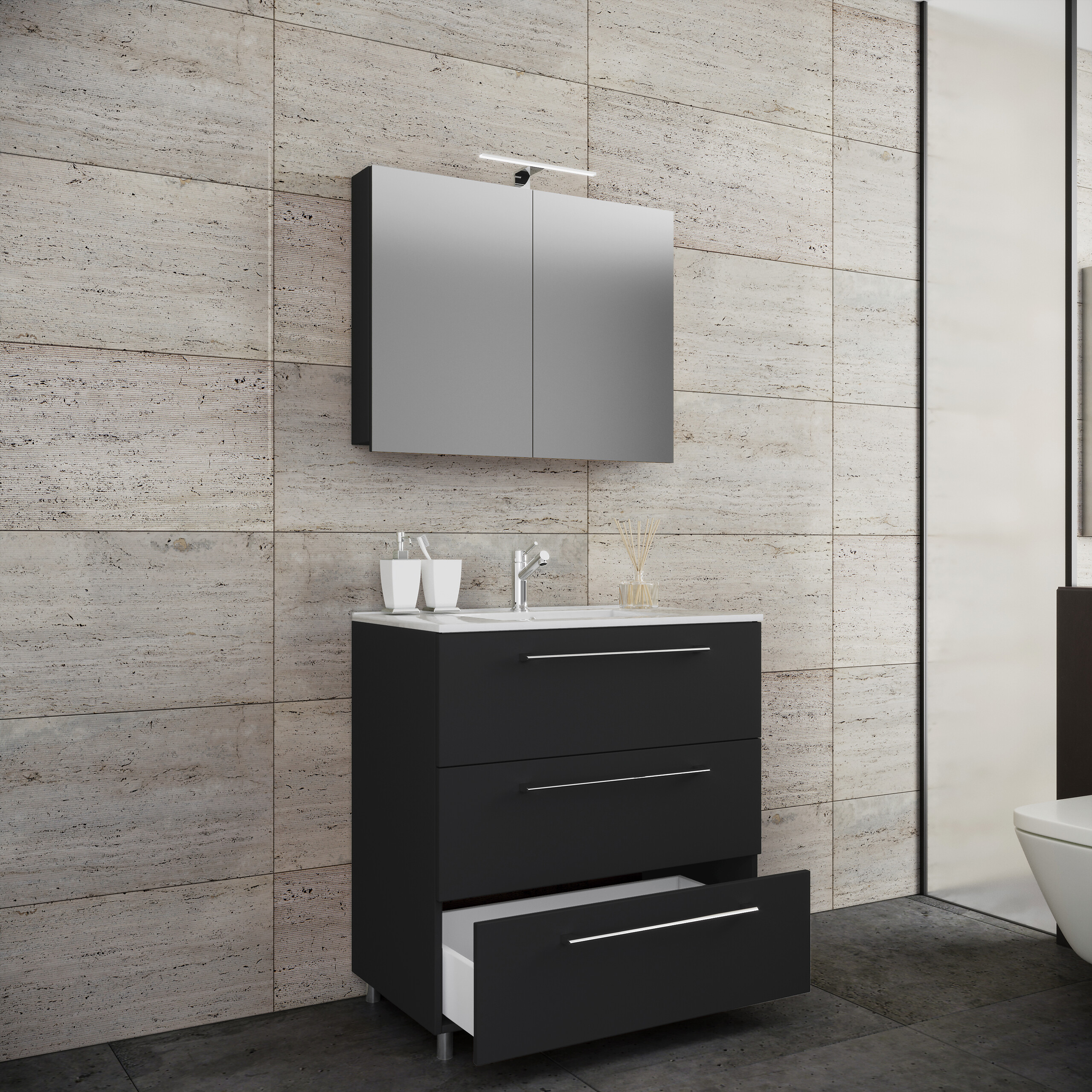 Waschplatz 3tlg-Schubo schwarz B/H/T: ca. 60x86x46 cm