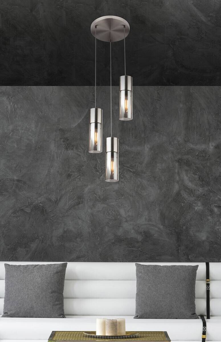 GLOBO Pendelleuchte nickel matt Metall Glas H/D: ca. 150x30 cm E27 3 Brennstellen