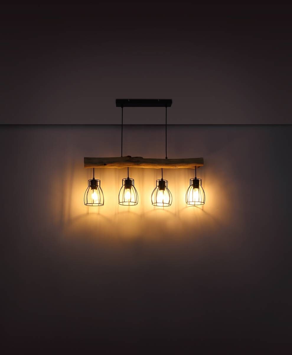 GLOBO Pendelleuchte Mina natur schwarz Holz Metall B/H: ca. 83x140 cm E27 4 Brennstellen