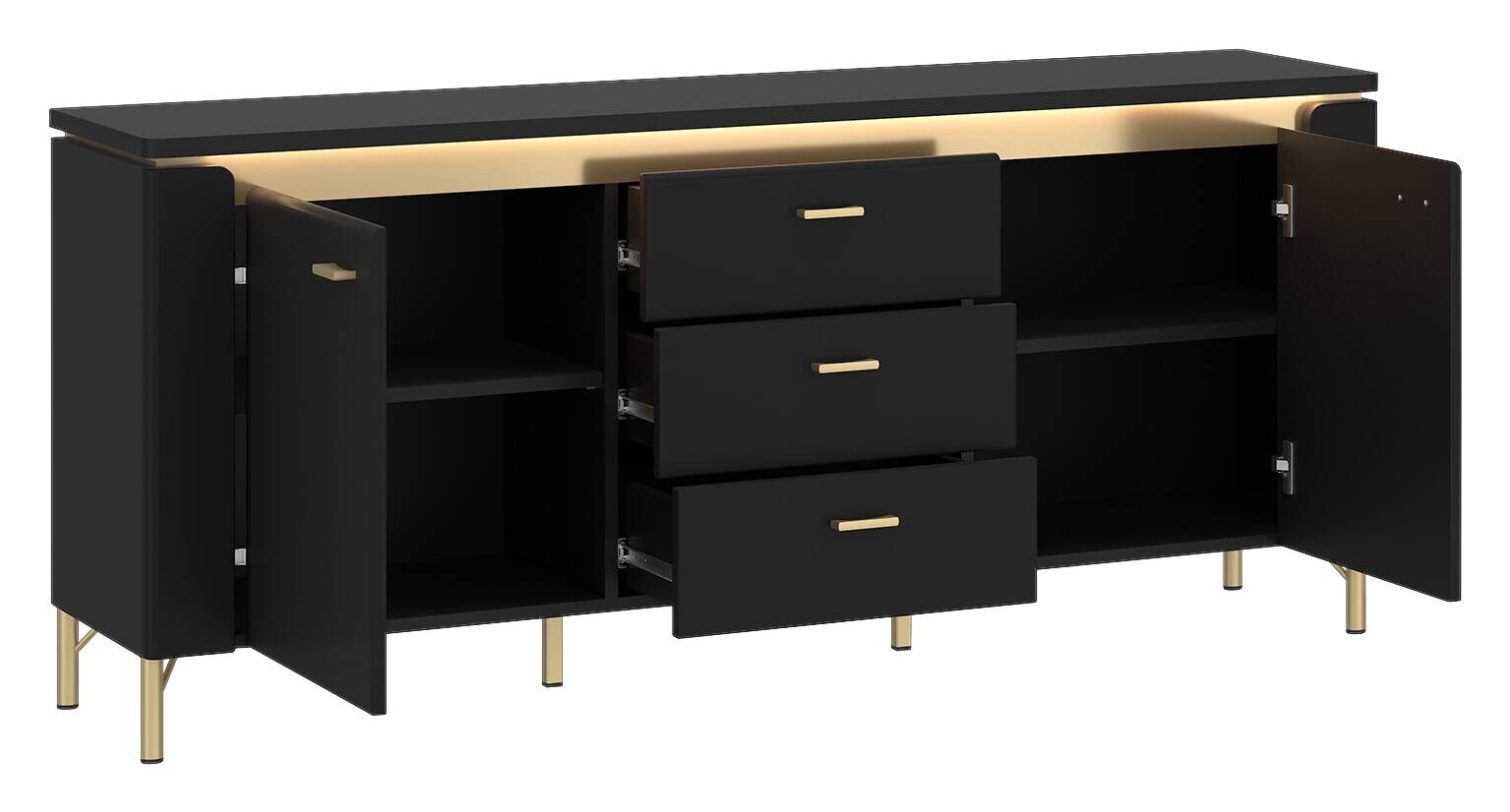 Lowboard Norica schwarz matt gold Optik B/H/T: ca. 155x70x40 cm Lowboard Norica schwarz matt gold Optik B/H/T: ca. 155x70x40 cm
