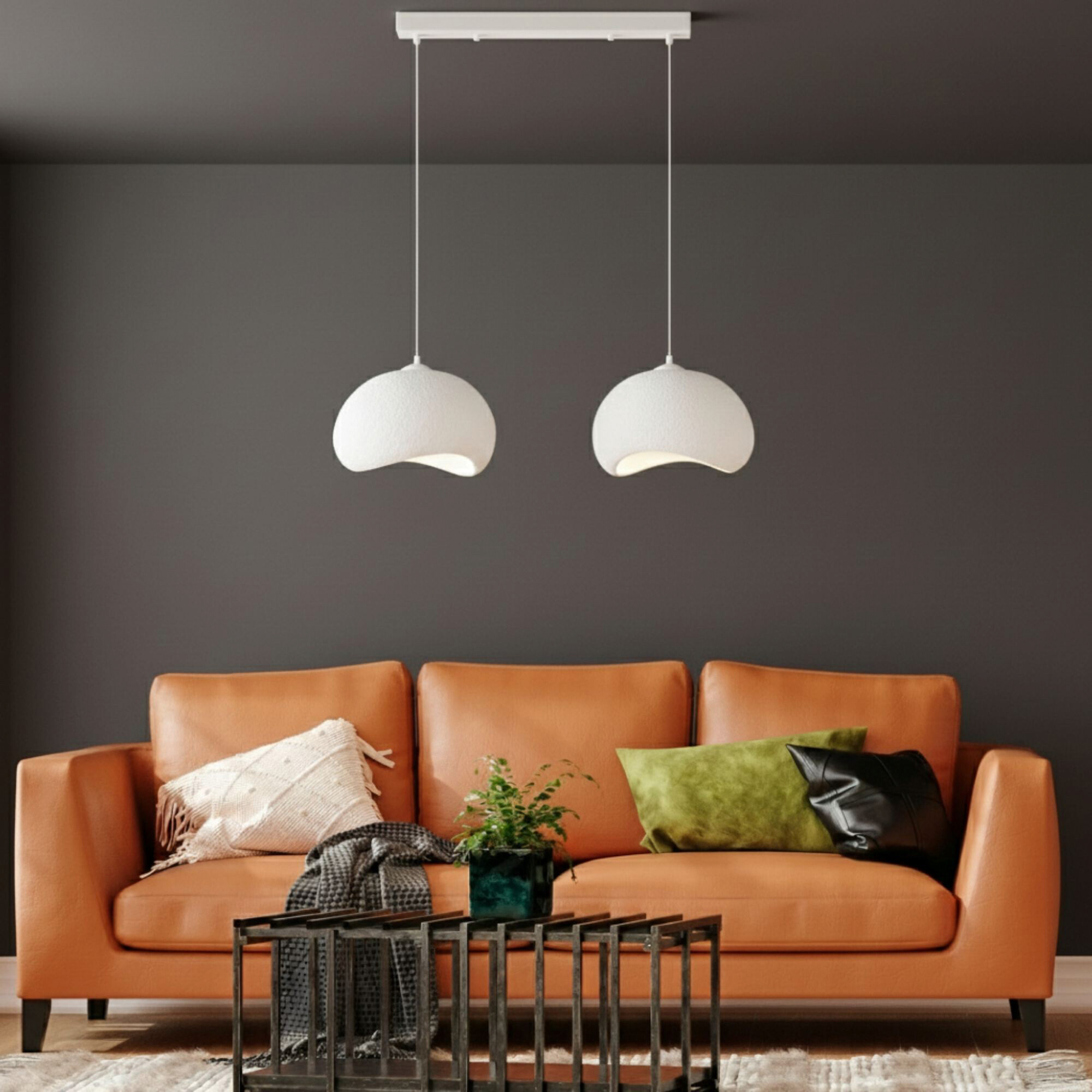 Opviq Pendelleuchte Yontu-15852-A weiß Metall Polyester-Mischgewebe B/H/L: ca. 29x120x34 cm E27 2 Brennstellen