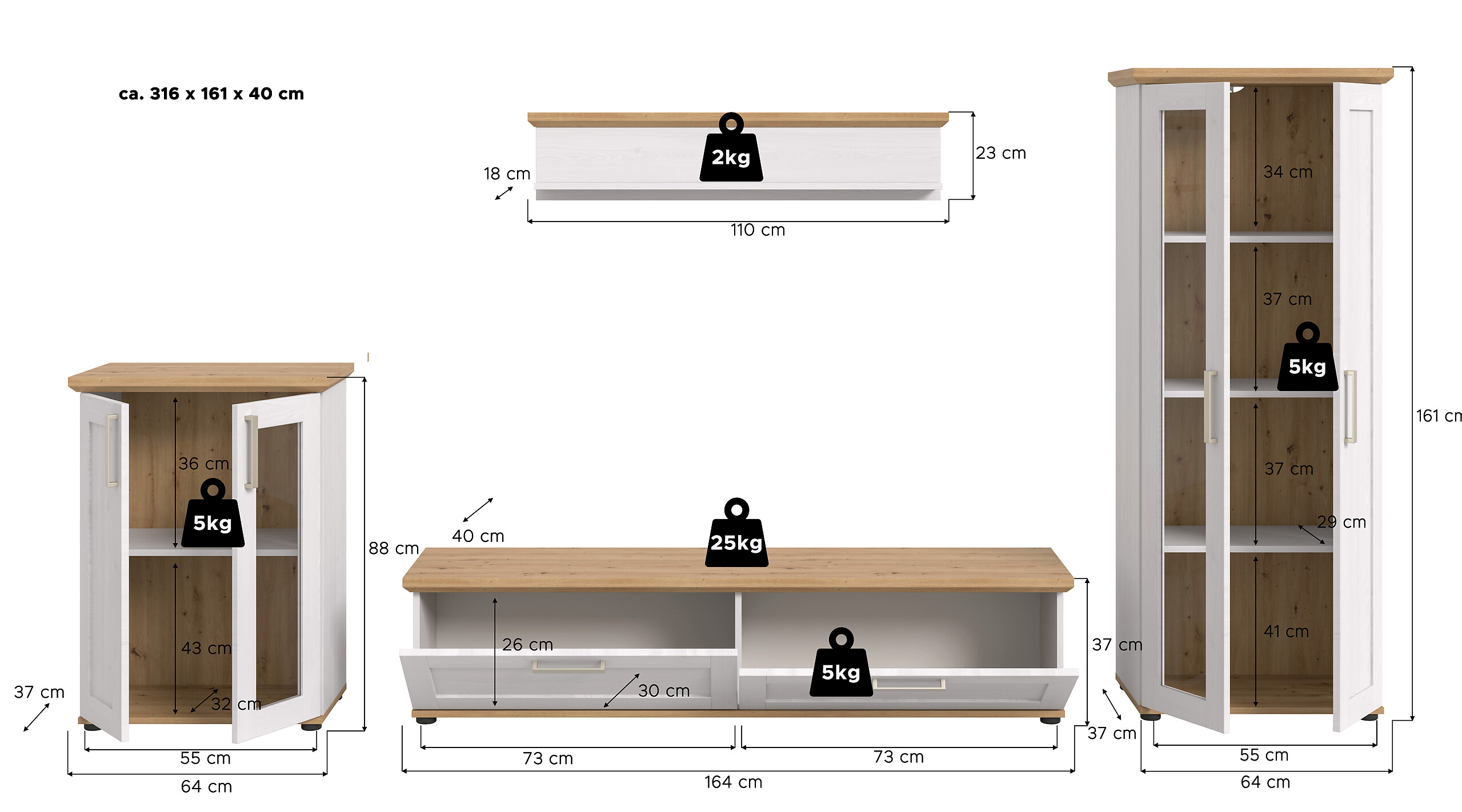 Wohnwand VERONA Lärche Nachbildung Eiche Nachbildung B/H/T: ca. 316x161x40 cm