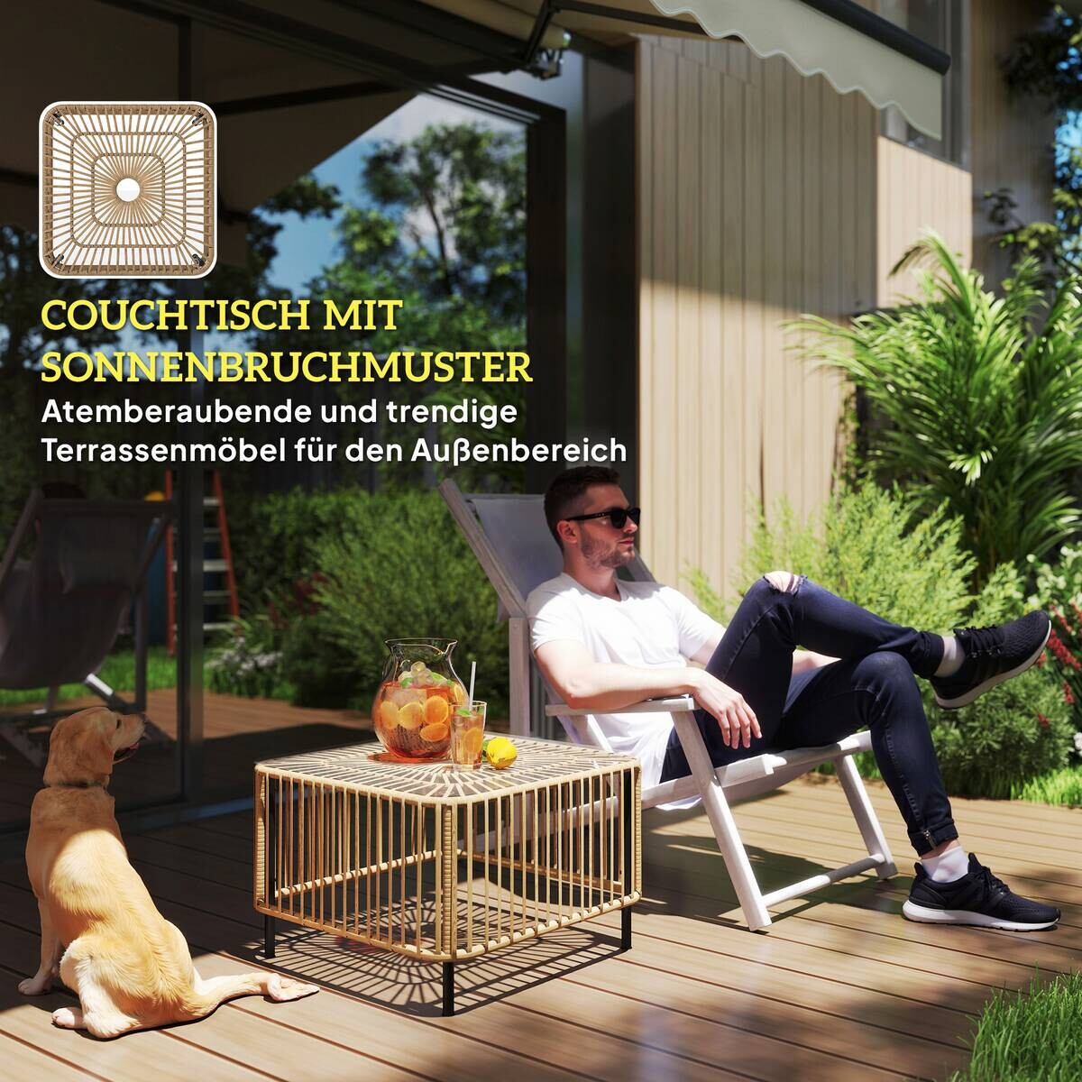 Outsunny Rattan-Gartentisch Holzoptik Polyethylen B/H/L: ca. 65x43x65 cm