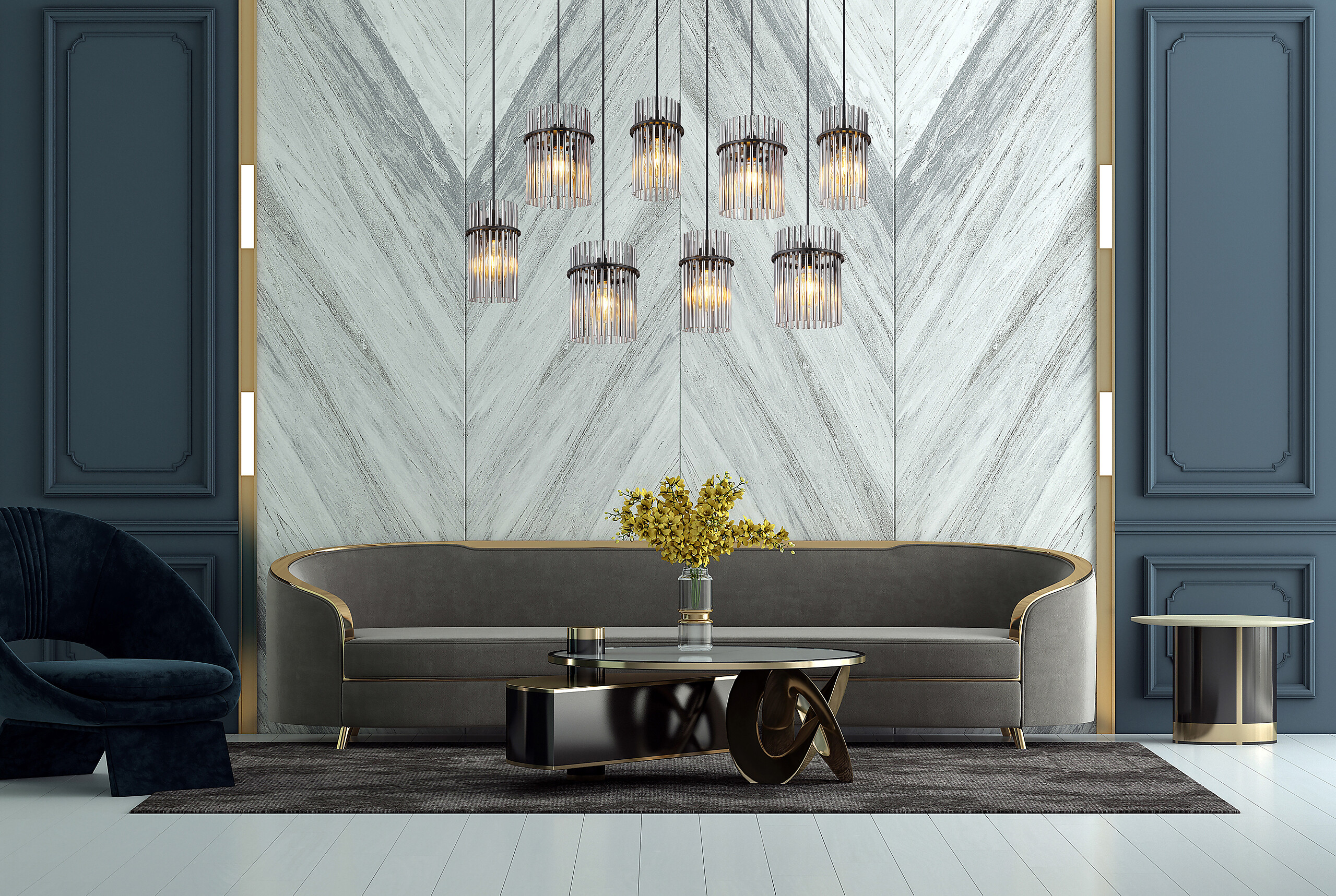 GLOBO Pendelleuchte mattschwarz schwarz Rauch Metall Glas B/H: ca. 110x125 cm E27 8 Brennstellen