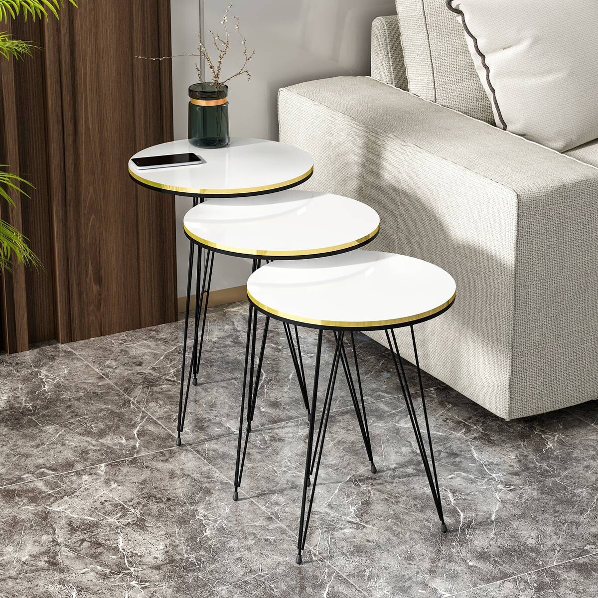 Beistelltisch 3er-Set. 21216283 weiß schwarz Metall B/H/T: ca. 38x53,5x38 cm