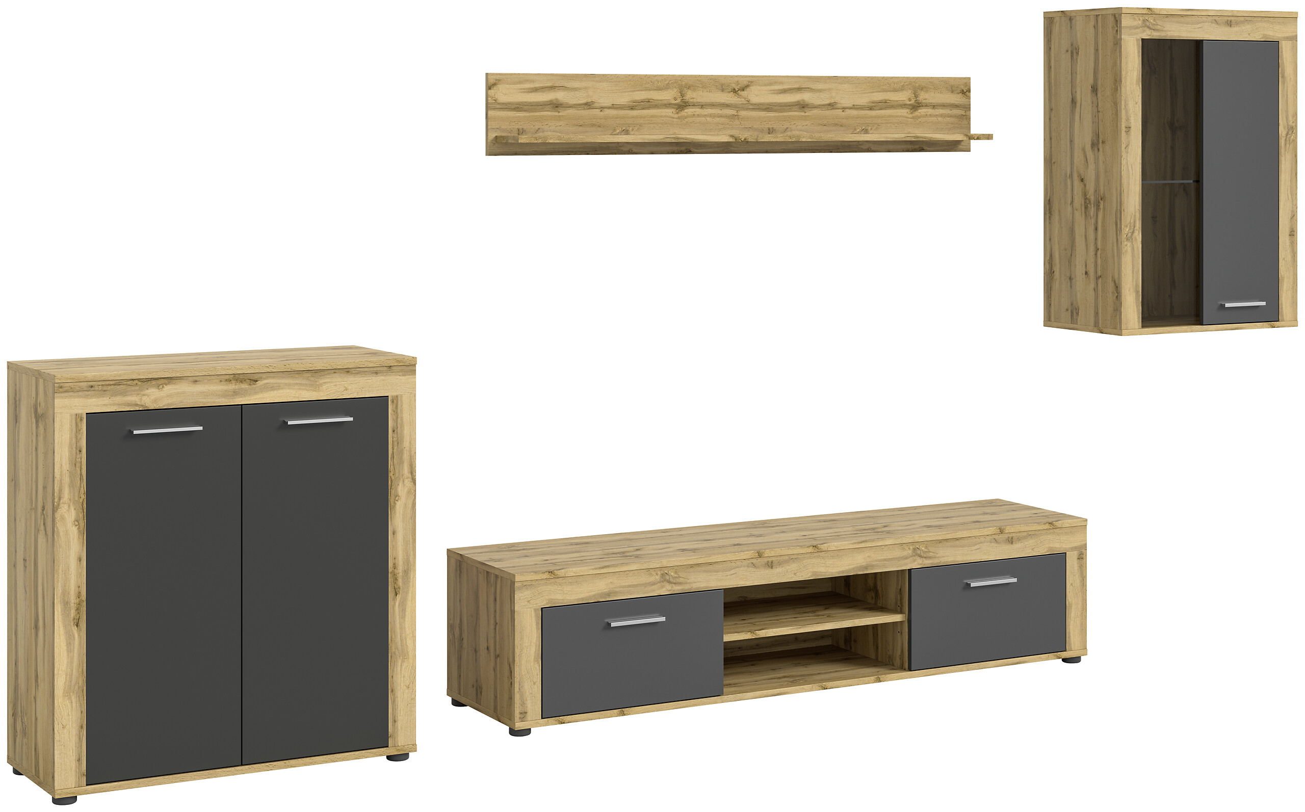 Wohnwand Jam Eiche Wotan Nachbildung grau B/H/T: ca. 330x169x35 cm Wohnwand Jam Eiche Wotan Nachbildung grau B/H/T: ca. 330x169x35 cm