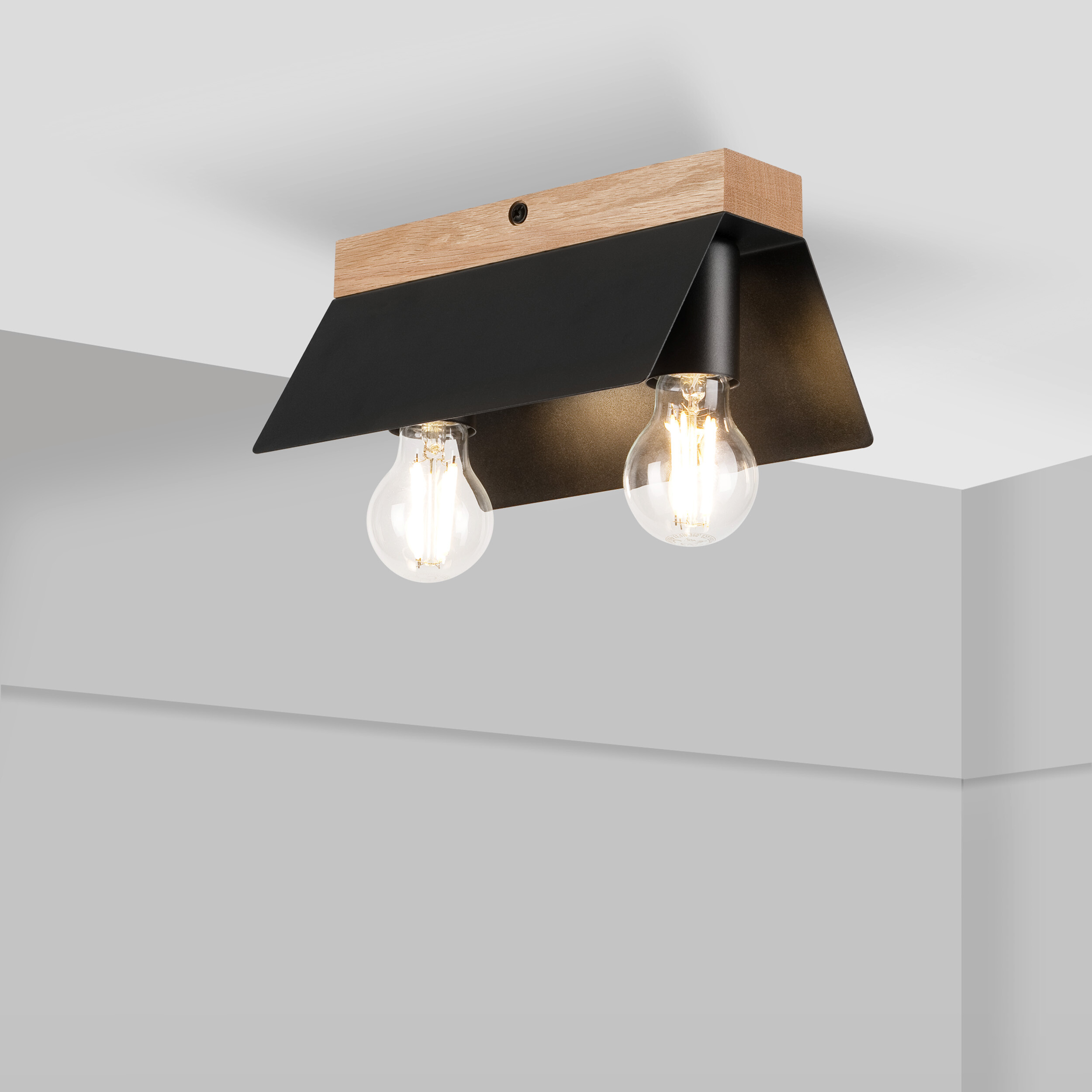 Lamkur Deckenleuchte schwarz Eiche Stahl Glas B/H/L: ca. 12x11,5x24 cm E27 2 Brennstellen