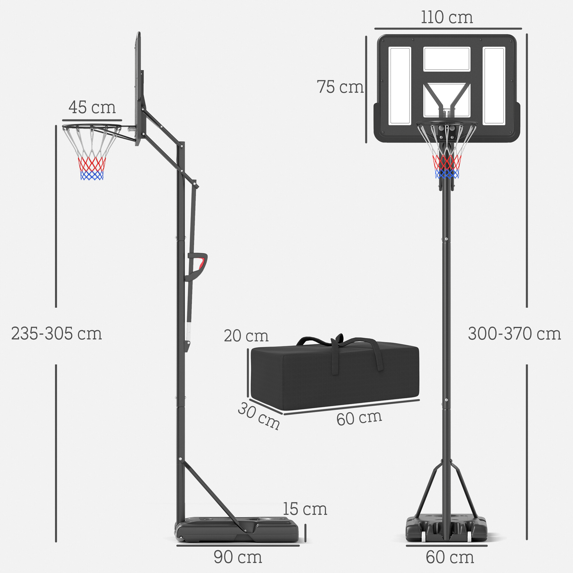 SPORTNOW Basketballkorb schwarz B/H/L: ca. 75x370x110 cm