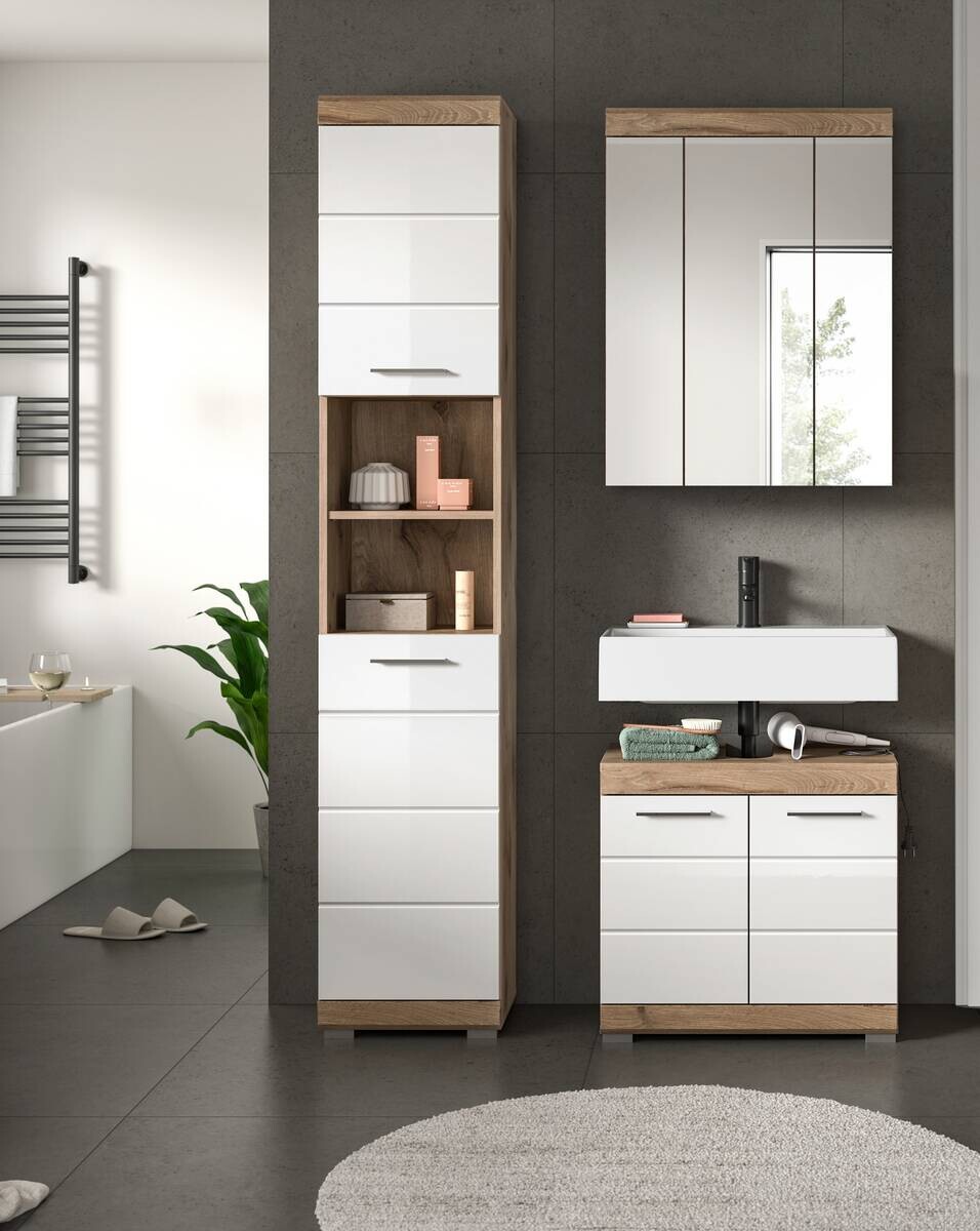 Badezimmer-Set Wave weiß Hochglanz Nox Oak Nachbildung B/H/T: ca. 112x191x34 cm