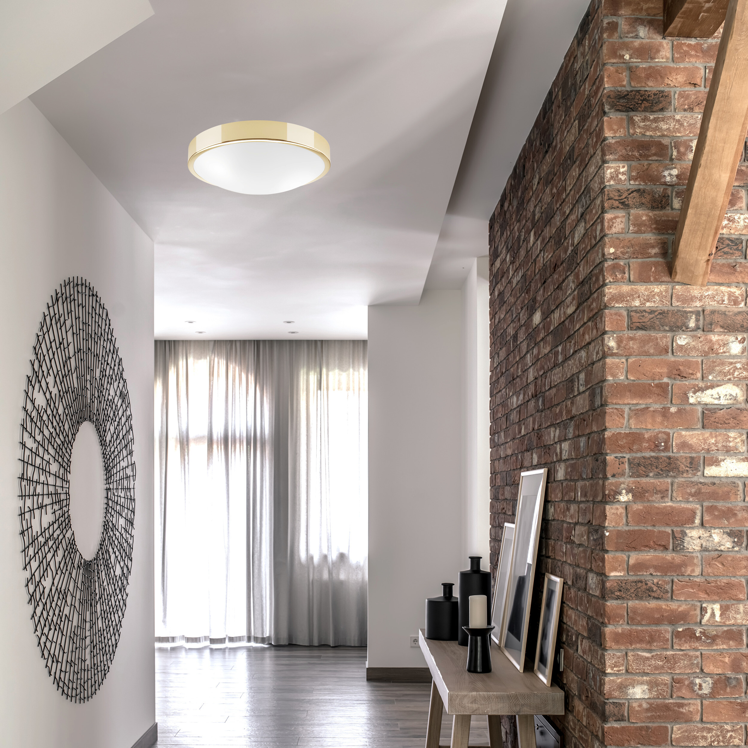 Lamkur Deckenleuchte gold Stahl Glas B/H/L: ca. 37x8x37 cm E27 2 Brennstellen