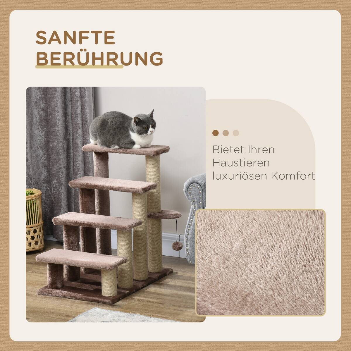 PawHut Katzentreppe braun Stoff B/H/L: ca. 40x64x60 cm