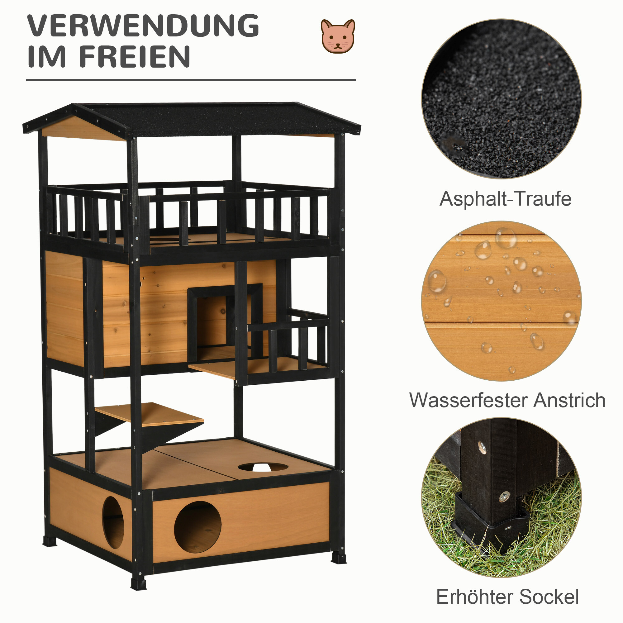 PawHut Katzenhaus schwarz Holz B/H/L: ca. 75x137x75,5 cm