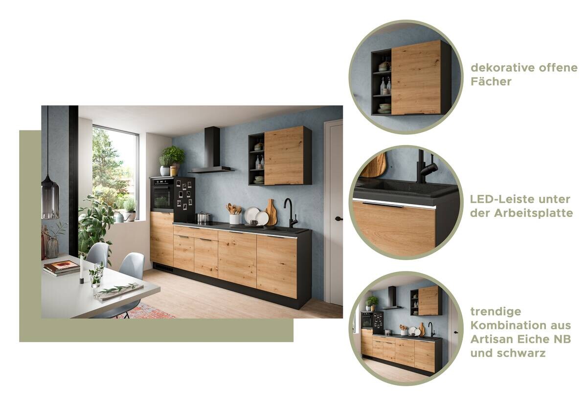 xonox.home Küchenblock Charly Eiche Artisan Nachbildung B/H/T: ca. 260x222x60 cm